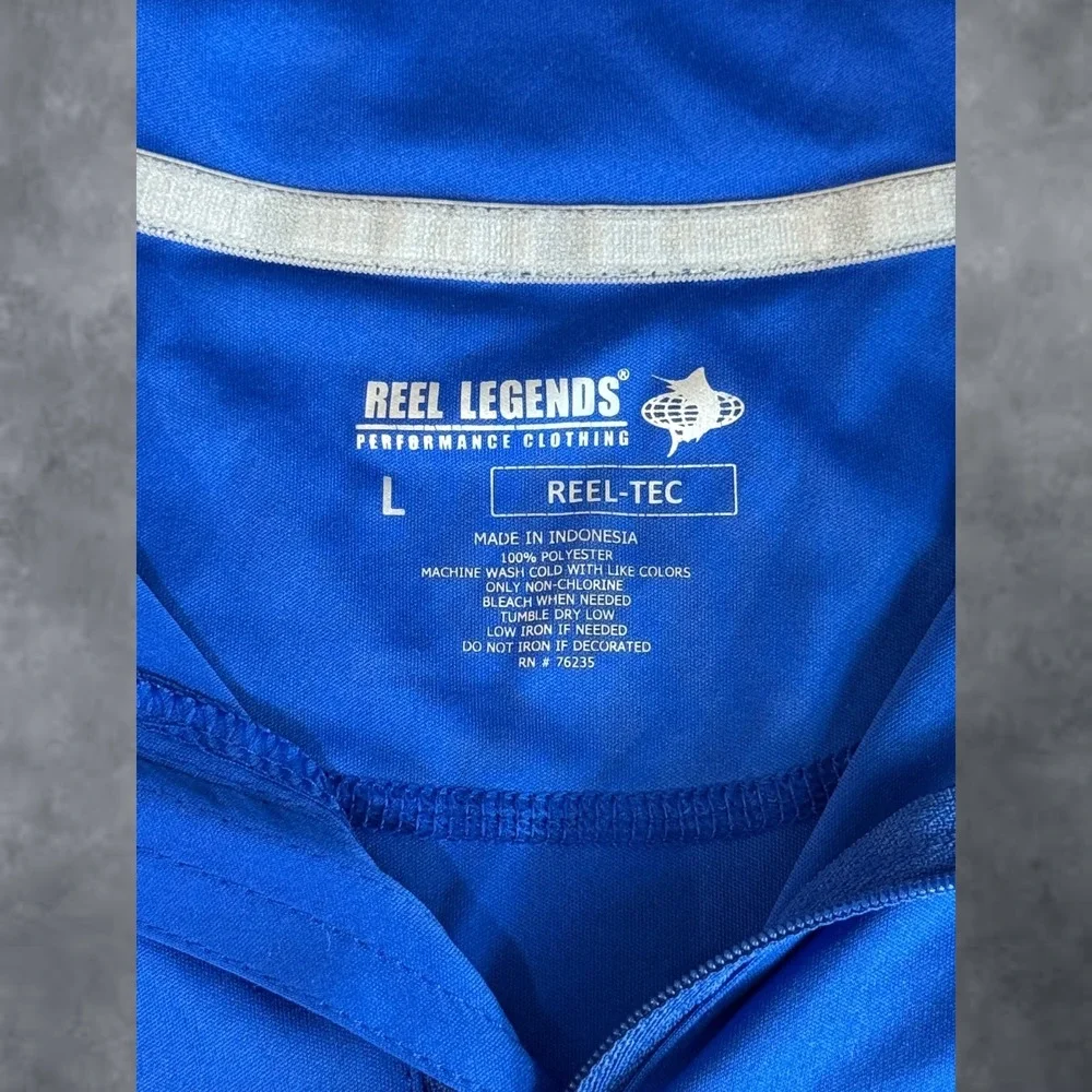 Reel Legends Kids Blue Quarter Zip Fishing Performance Shirt Large Graphic Side